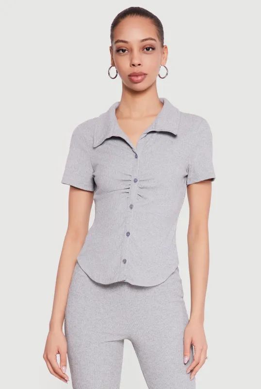 Brushed Rib Knit Ruched Button Front Shirt made by Rainbow