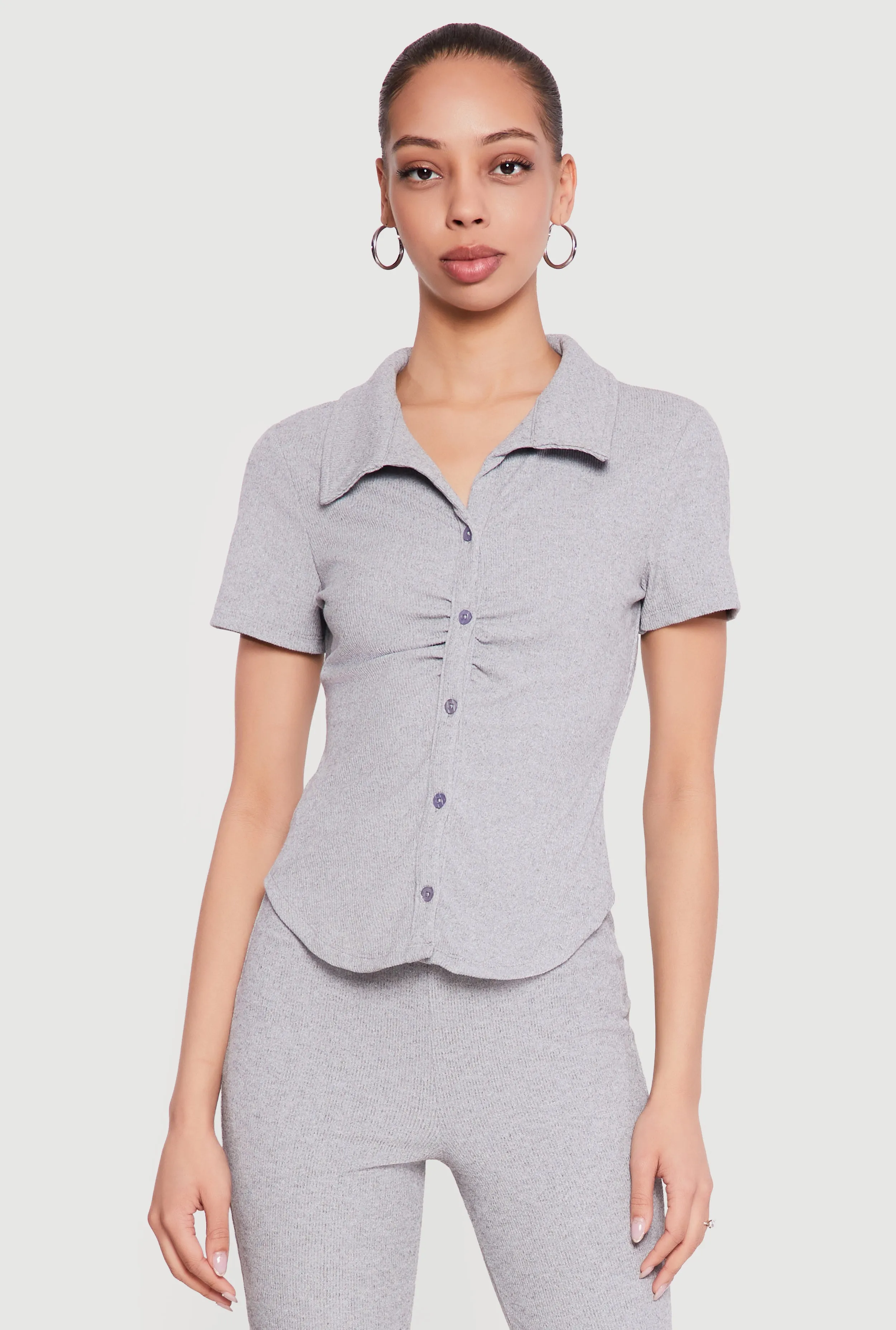 Brushed Rib Knit Ruched Button Front Shirt sold by Rainbow