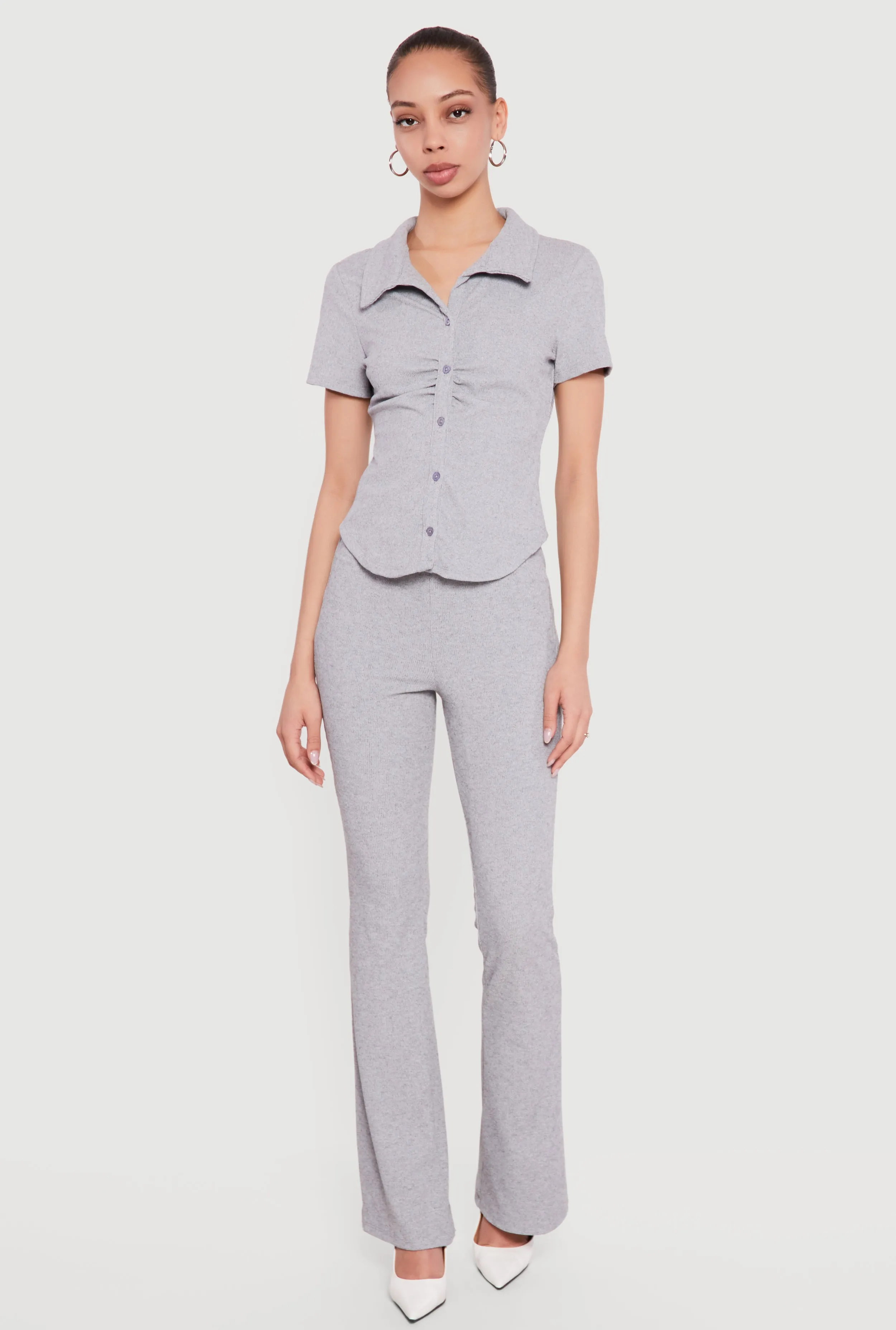 Brushed Rib Knit Ruched Button Front Shirt sold by Rainbow product image thumbnail 2