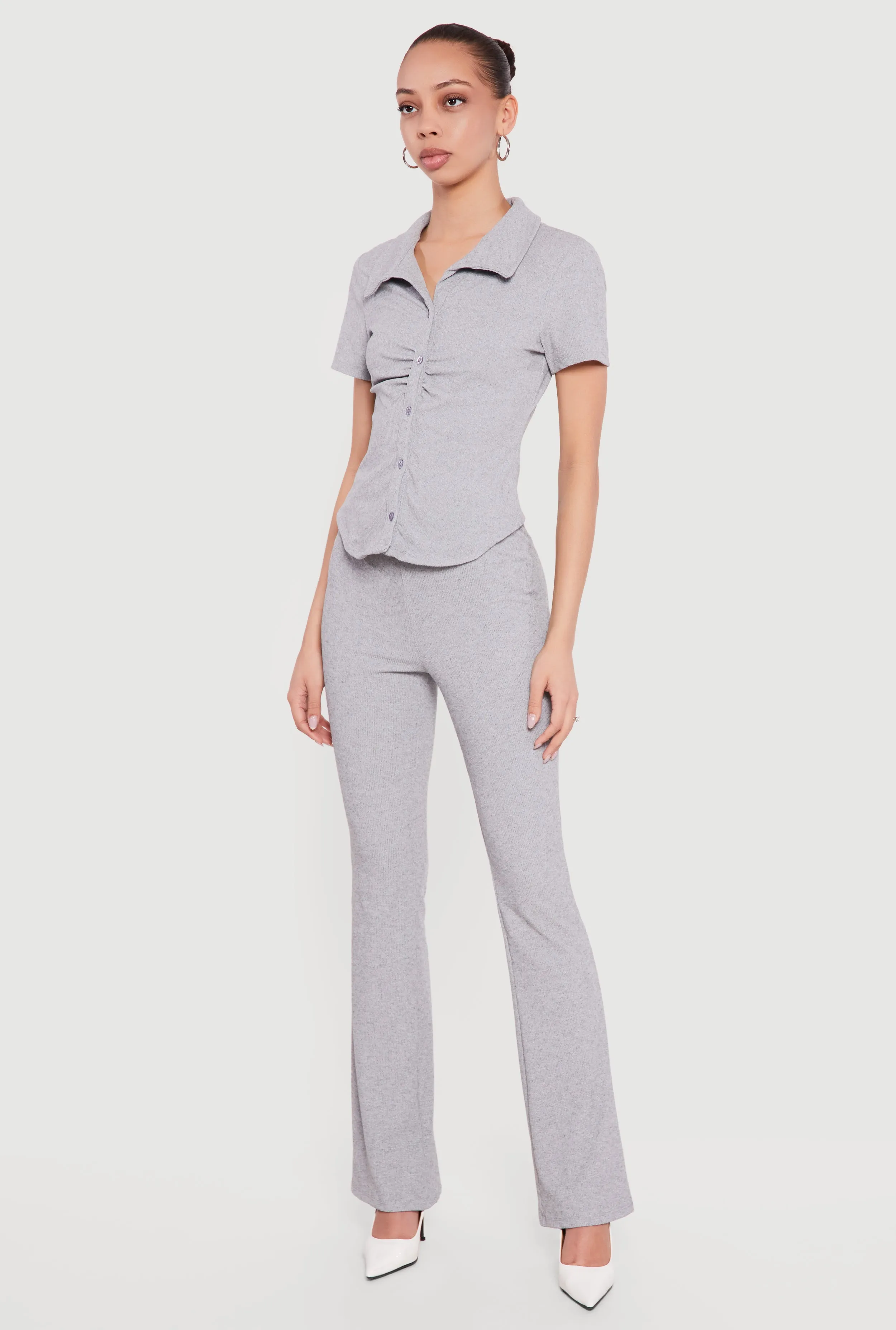 Brushed Rib Knit Ruched Button Front Shirt sold by Rainbow product image thumbnail 3