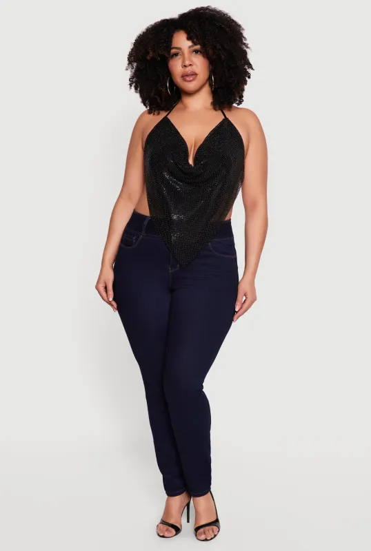 Plus Size Rhinestone Hanky Hem Open Back Halter Top sold by Rainbow