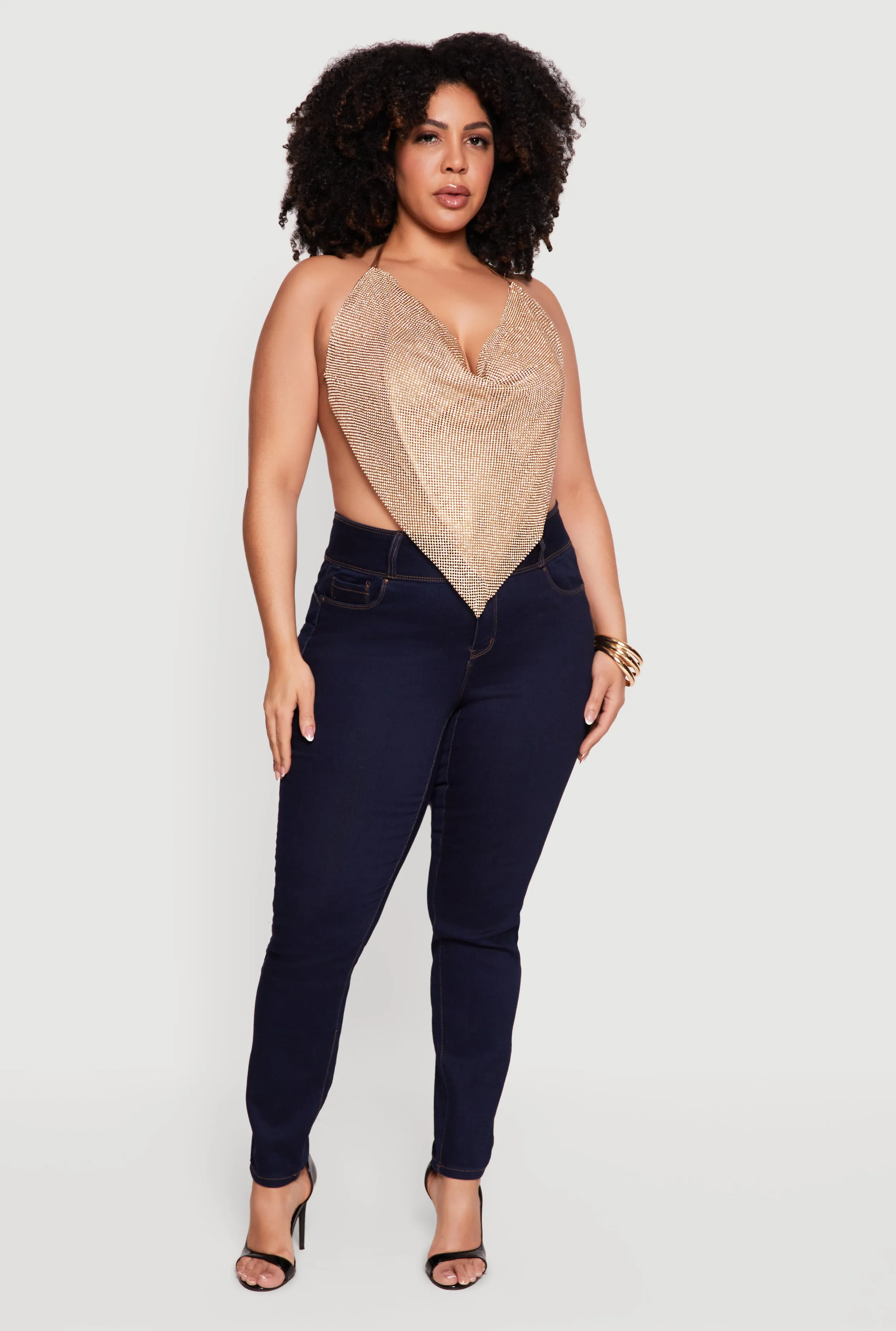 Plus Size Rhinestone Hanky Hem Open Back Halter Top sold by Rainbow