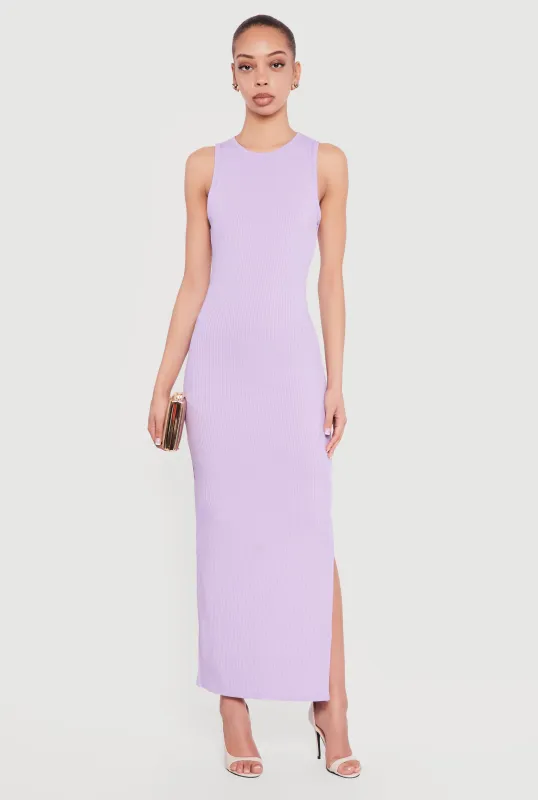 Sleeveless Ribbed Knit Crew Neck Maxi Dress made by Rainbow