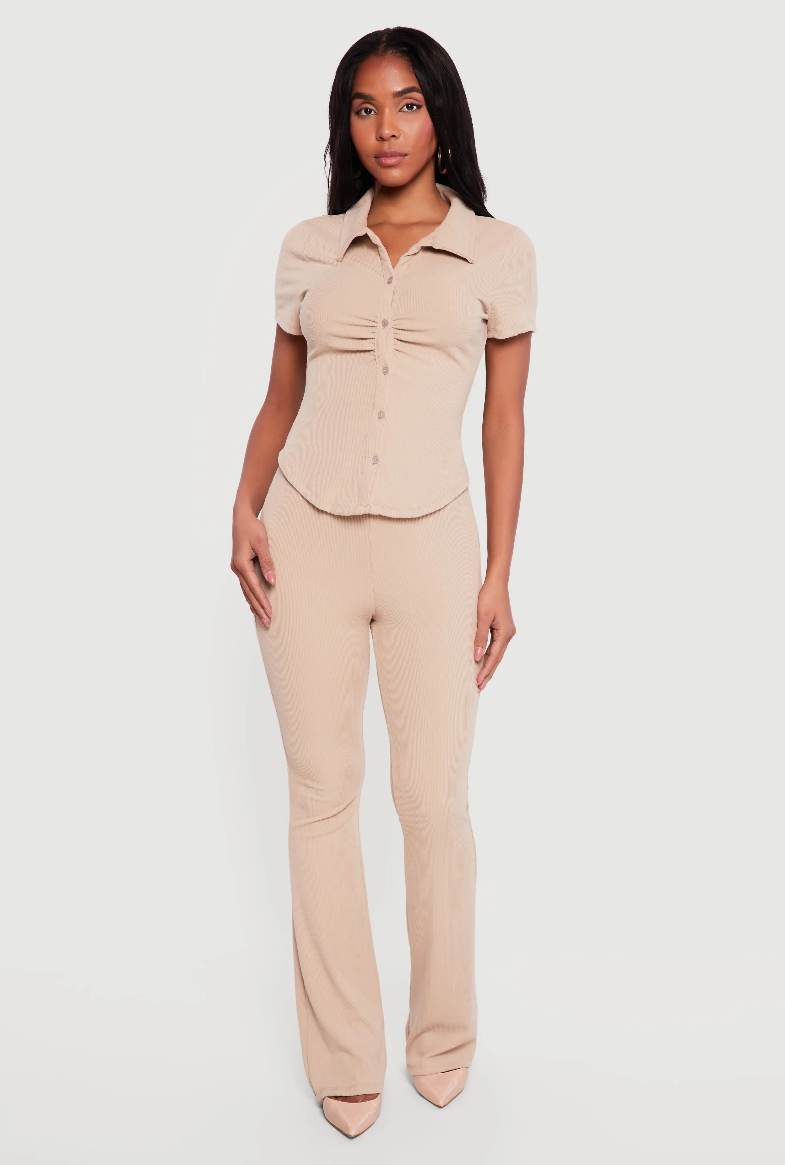 Brushed Rib Knit High Waisted Pull On Flare Pants sold by Rainbow