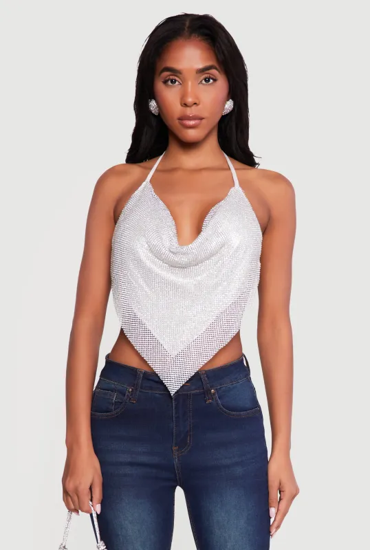 Rhinestone Hanky Hem Open Back Halter Top sold by Rainbow