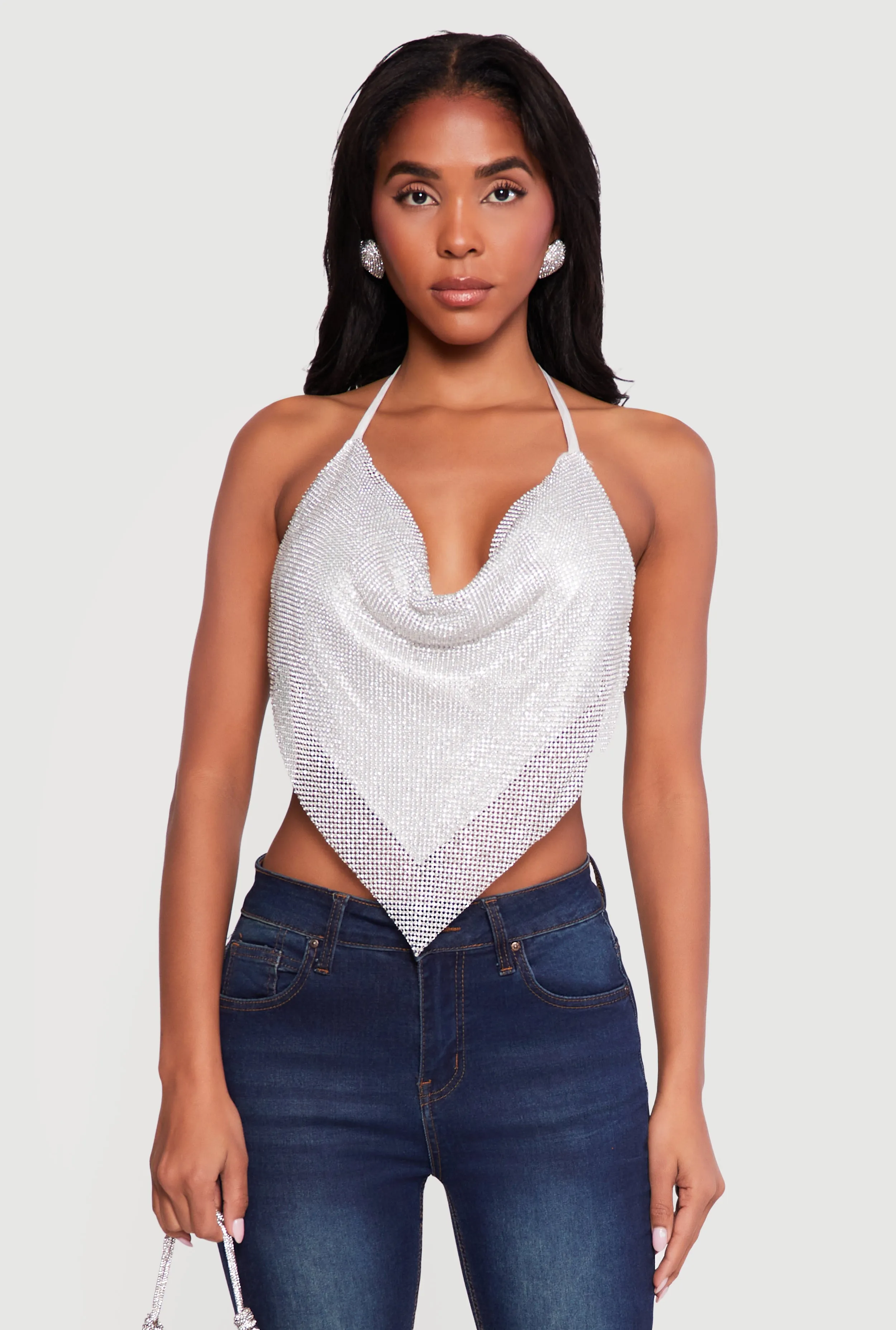 Rhinestone Hanky Hem Open Back Halter Top sold by Rainbow