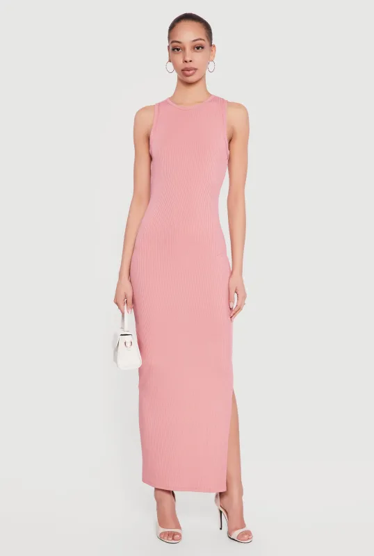 Sleeveless Ribbed Knit Crew Neck Maxi Dress made by Rainbow
