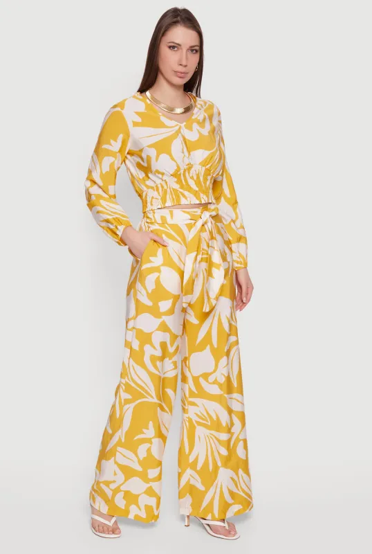 Abstract Floral Crepe Knit Tie Waist Front Wide Leg Pants sold by Rainbow