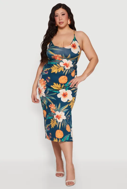 Plus Size Side Cut Out Tropical Floral Print Cami Midi Dress made by Rainbow