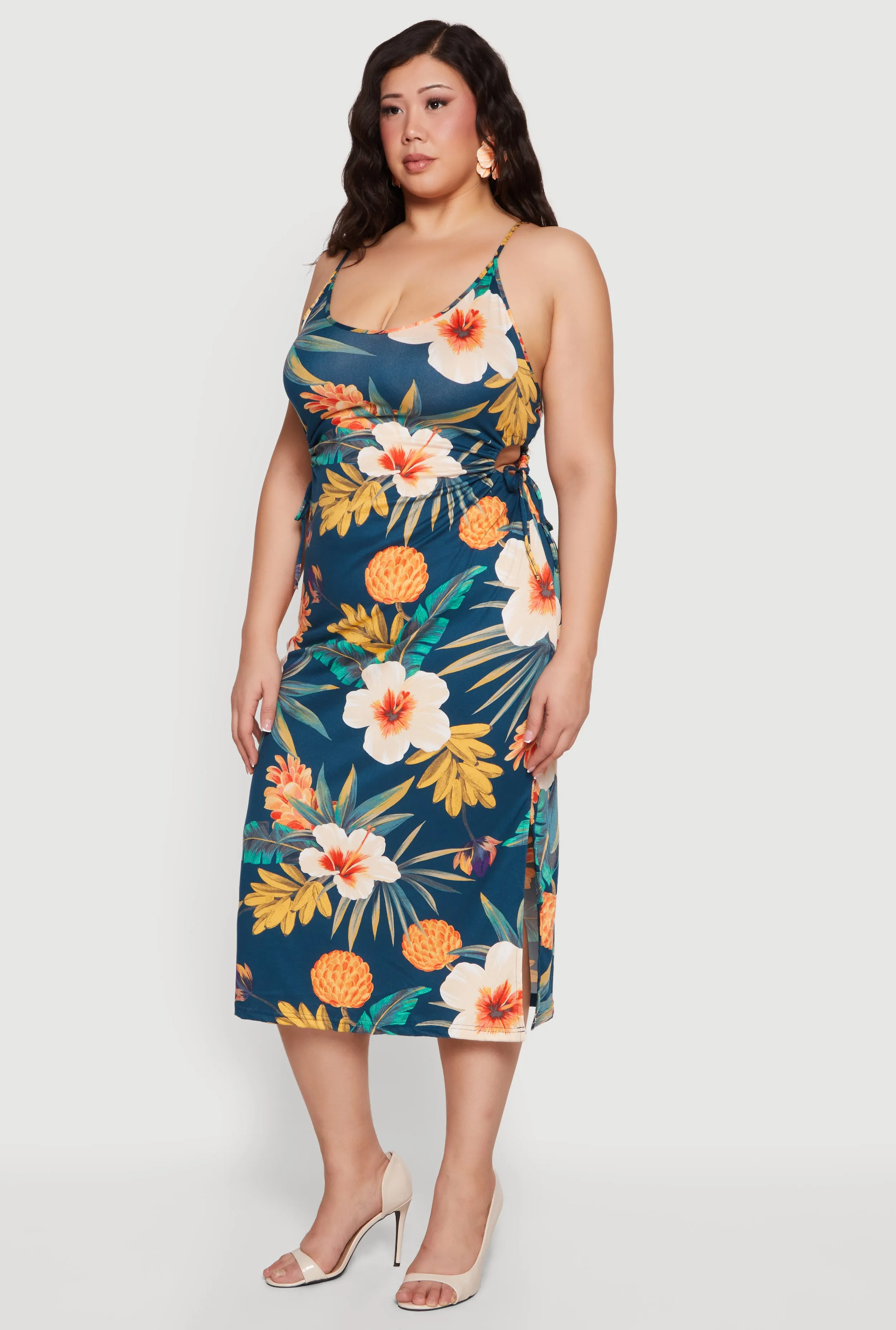 Plus Size Side Cut Out Tropical Floral Print Cami Midi Dress sold by Rainbow product image thumbnail 2