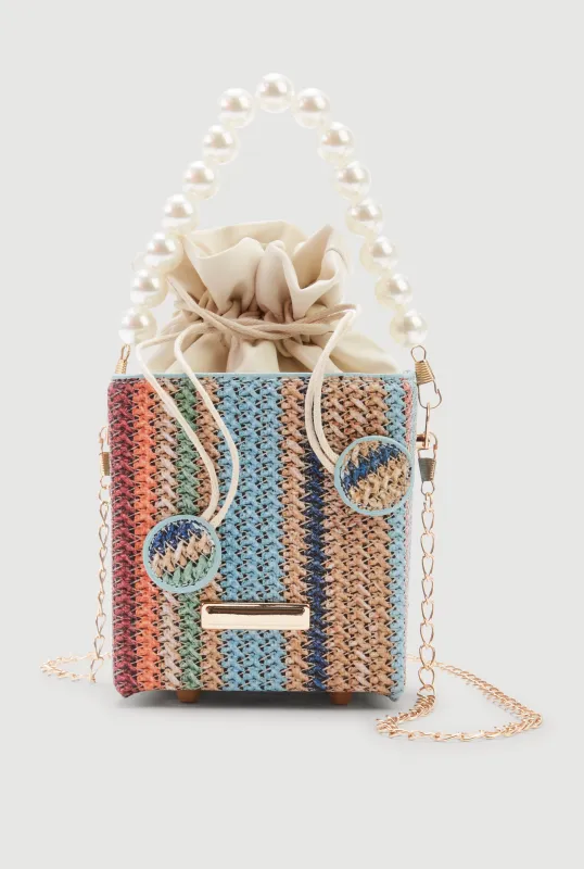 Striped Raffia Box Drawstring Pouch Convertible Crossbody Bag made by Rainbow