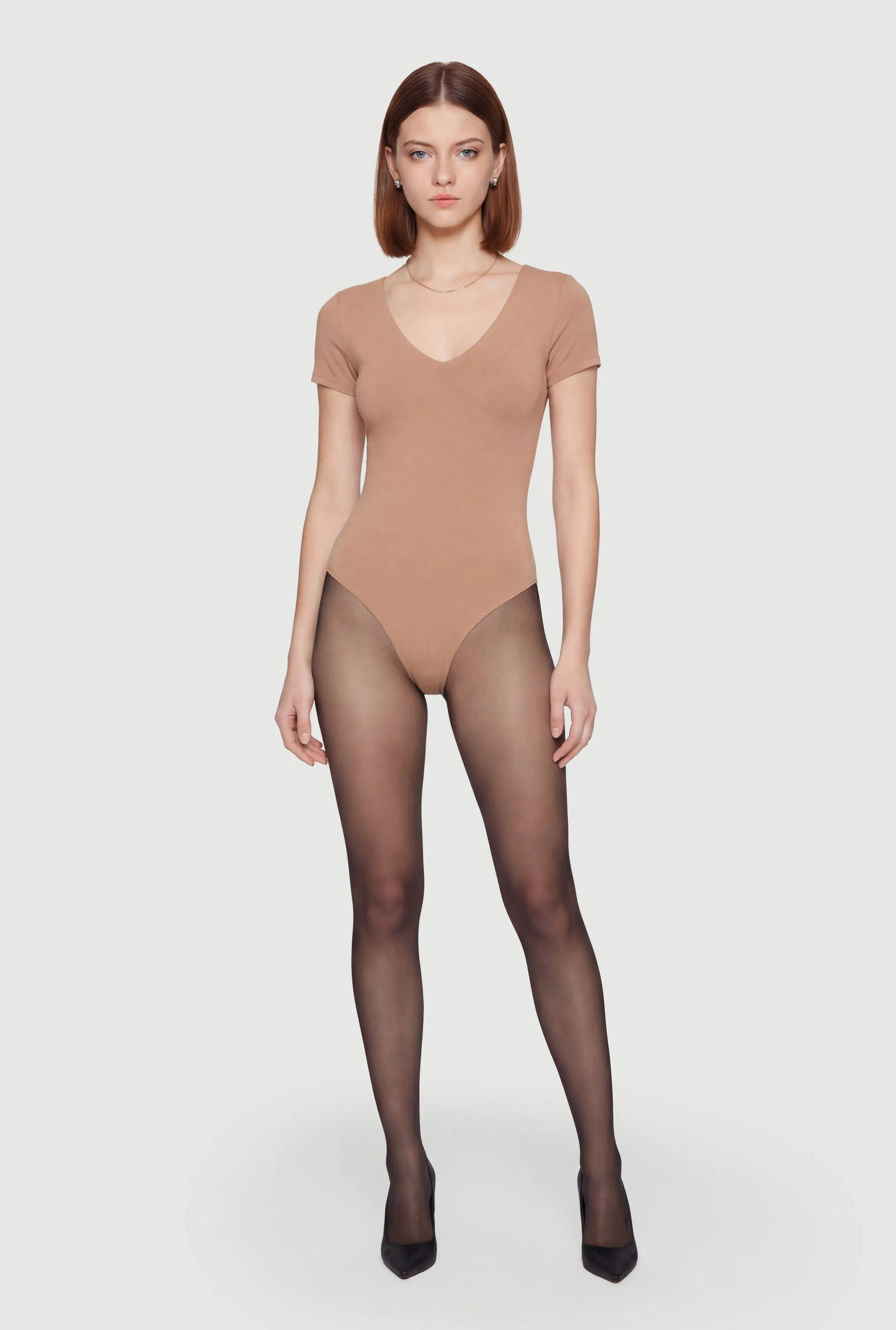 Double Layered Short Sleeve V Neck Bodysuit sold by Rainbow