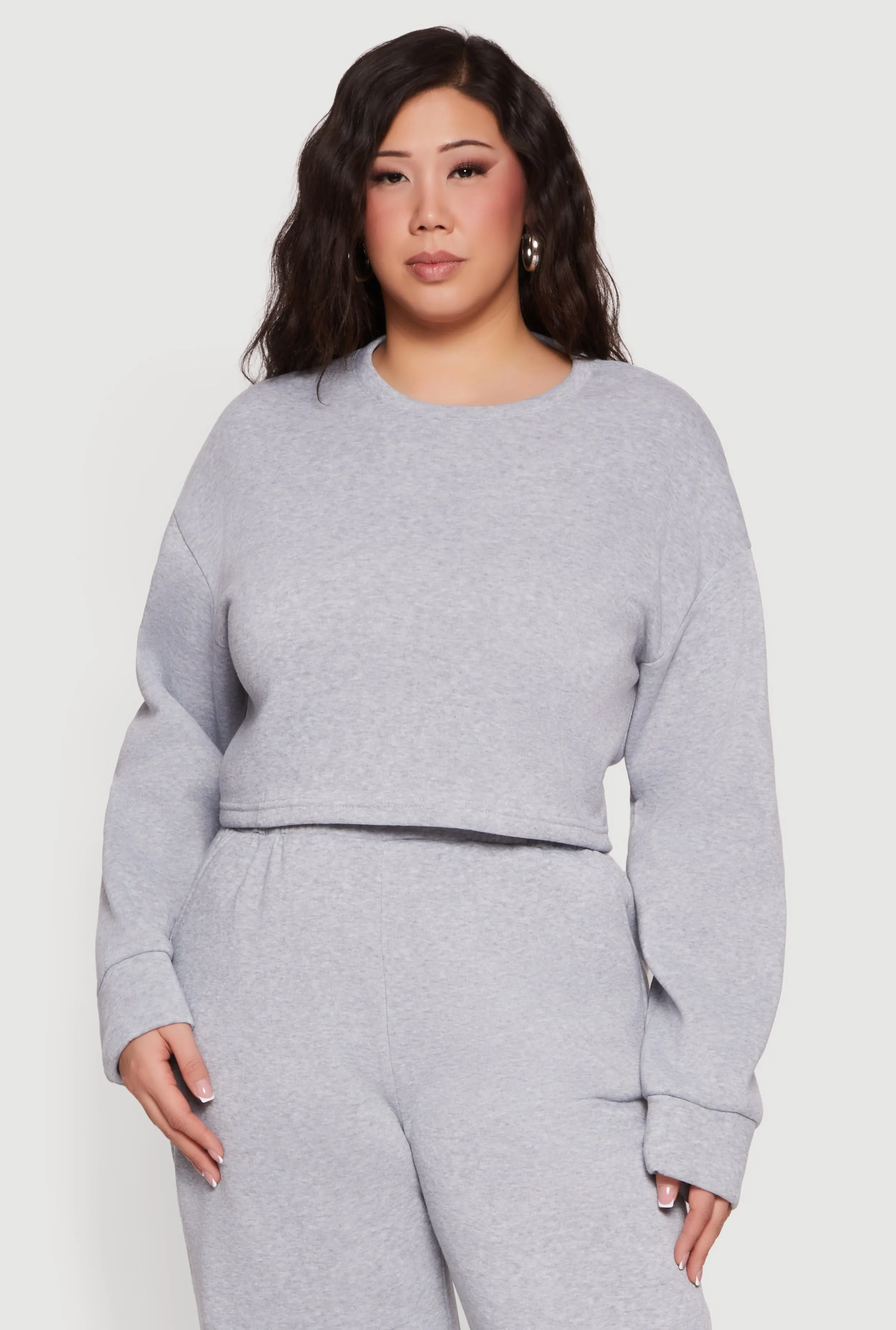 Plus Size Long Sleeve Fleece Cropped Pullover Sweatshirt sold by Rainbow
