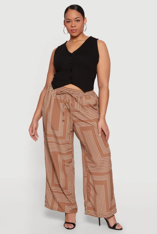 Plus Size High Waisted Geometric Print Crepe Knit Pants made by Rainbow
