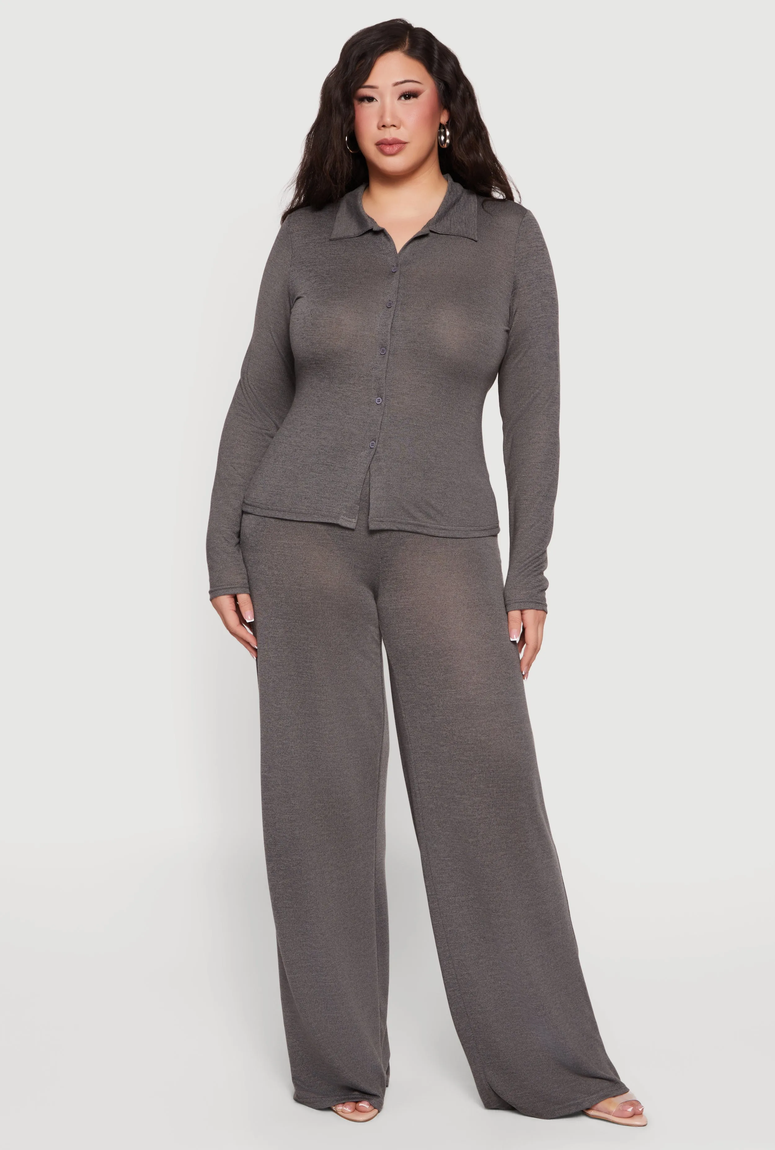 Plus Size Collared Button Front Long Sleeve Blouse sold by Rainbow product image thumbnail 2