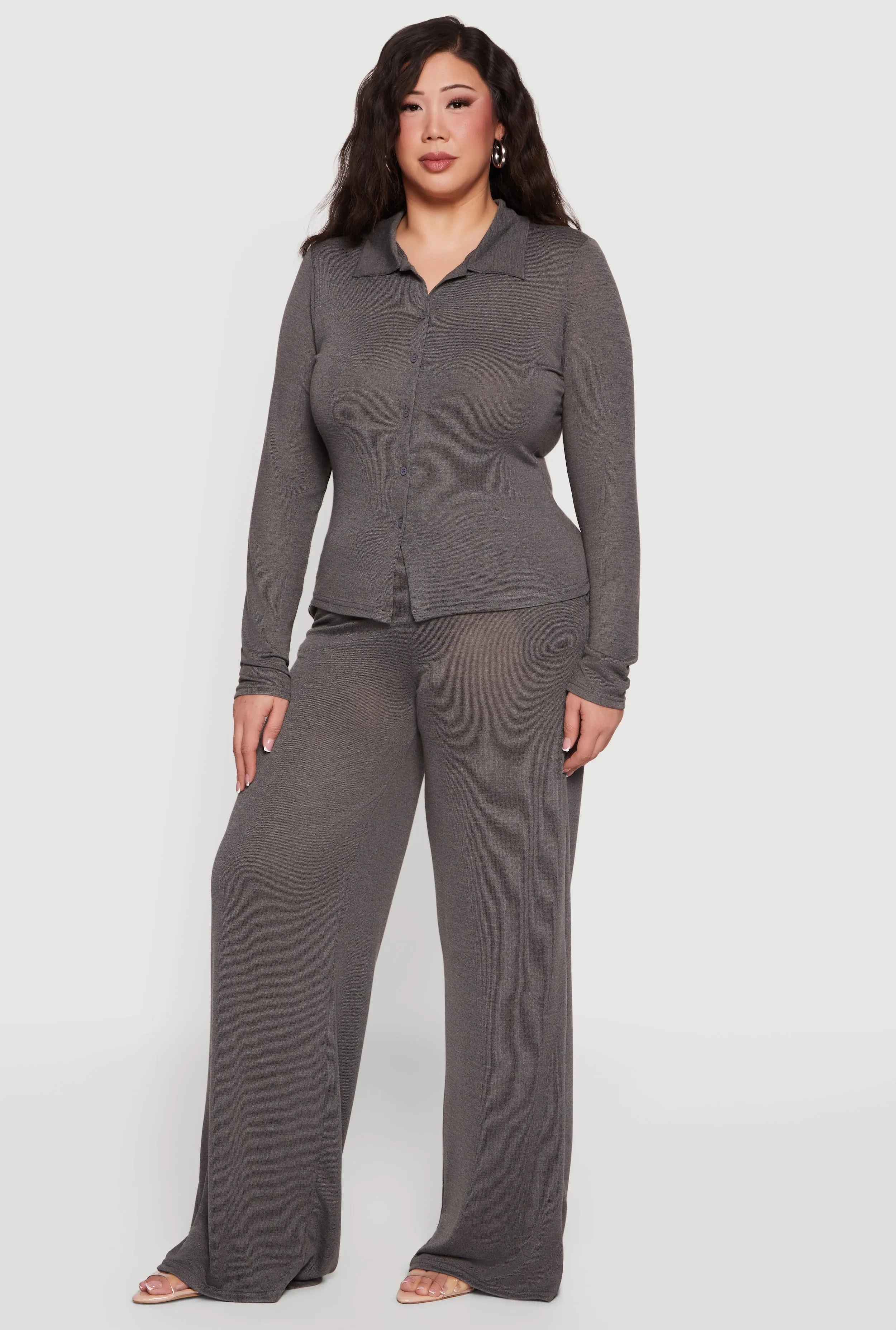 Plus Size Collared Button Front Long Sleeve Blouse sold by Rainbow product image thumbnail 3