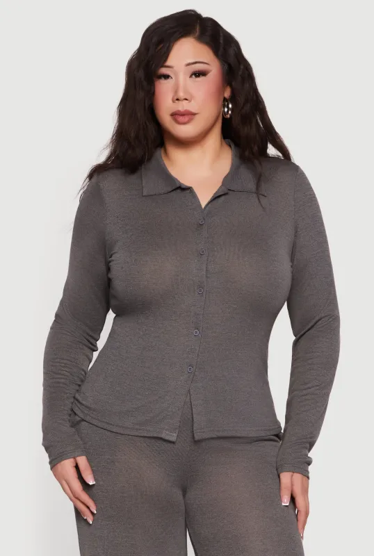 Plus Size Collared Button Front Long Sleeve Blouse sold by Rainbow