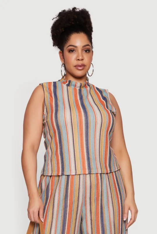 Plus Size Striped Pattern Sleeveless Mock Neck Top sold by Rainbow