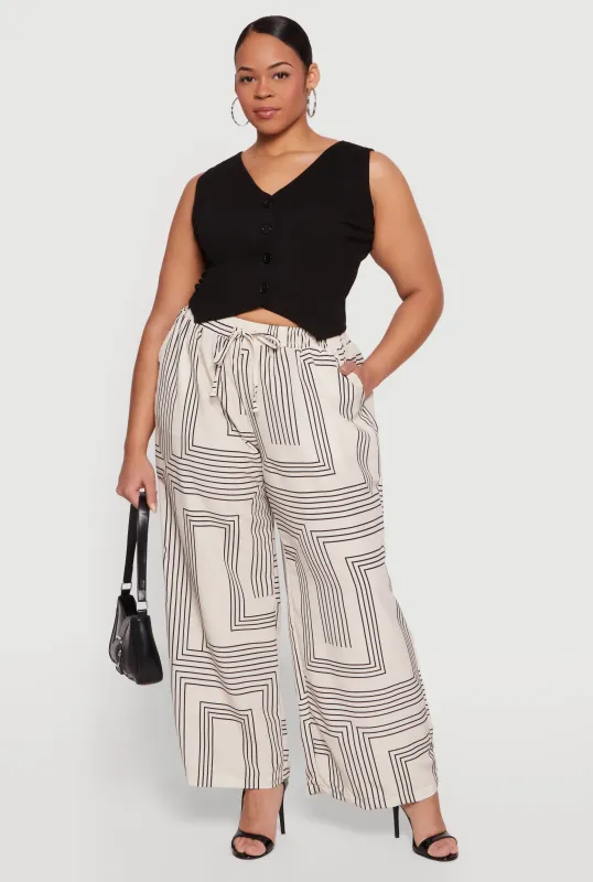 Plus Size High Waisted Geometric Print Crepe Knit Pants made by Rainbow
