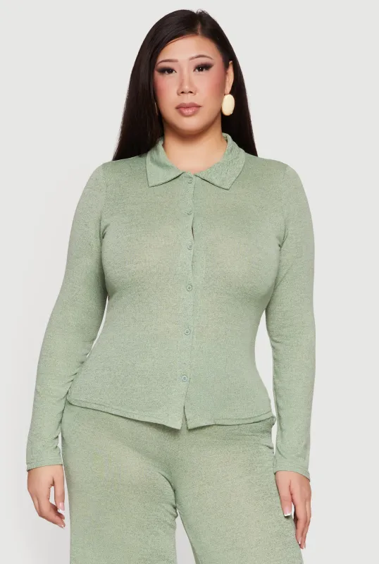 Plus Size Collared Button Front Long Sleeve Blouse sold by Rainbow