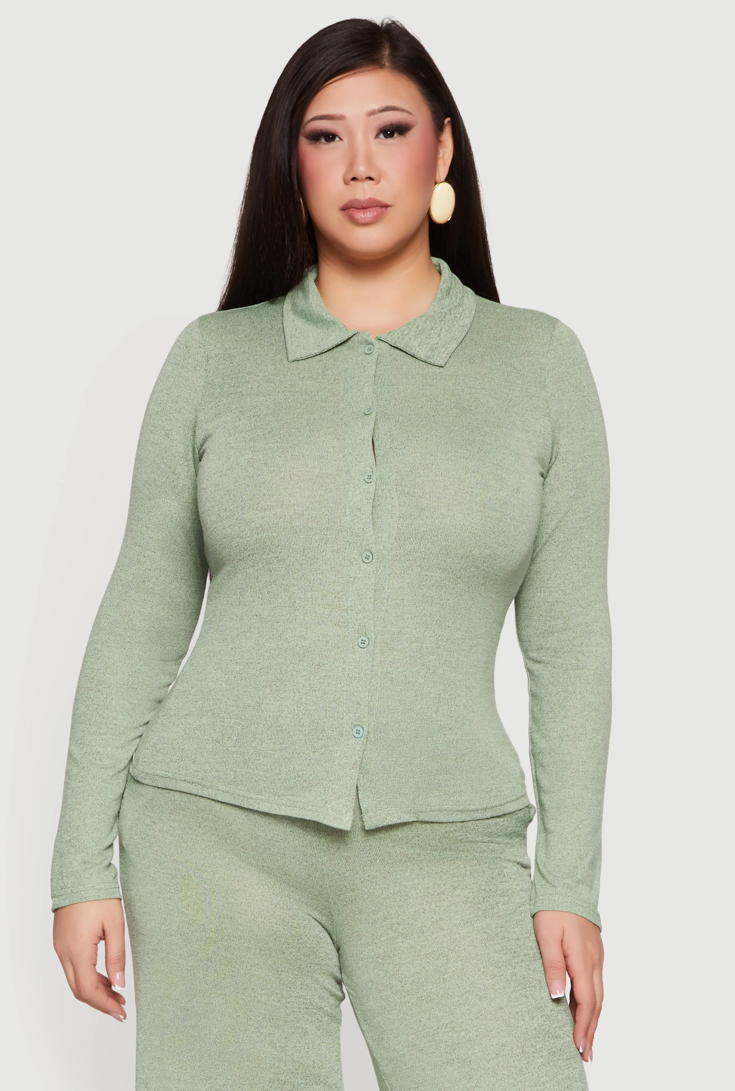 Plus Size Collared Button Front Long Sleeve Blouse sold by Rainbow