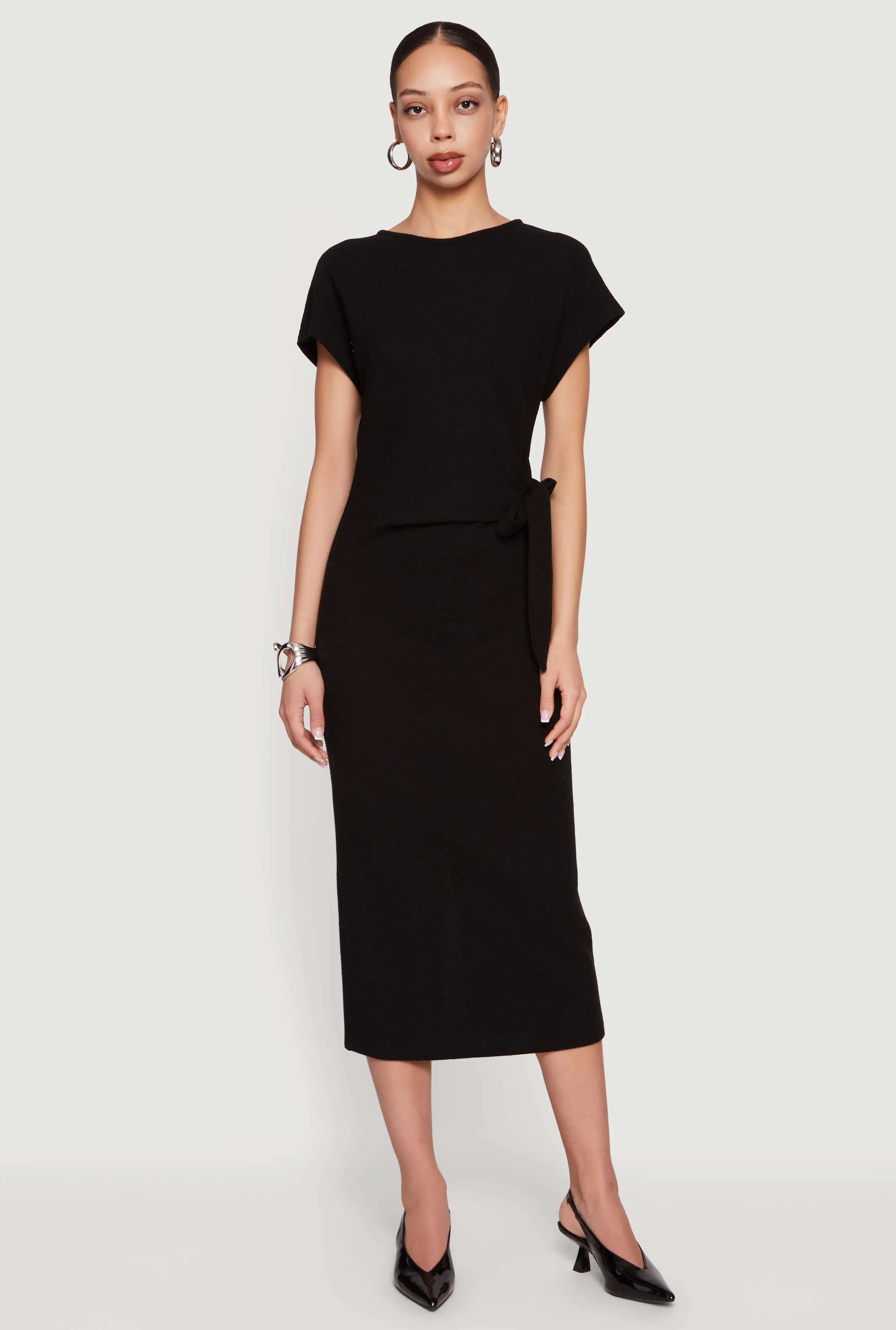 Textured Knit Asymmetrical Bow Side Midi Dress sold by Rainbow