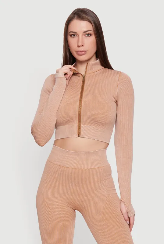 Seamless Acid Wash Zip Front Cropped Active Jacket sold by Rainbow