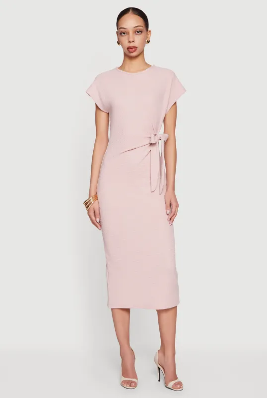 Textured Knit Asymmetrical Bow Side Midi Dress sold by Rainbow