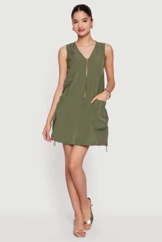 Half Zip Front Drawstring Hem Cargo Dress made by Rainbow