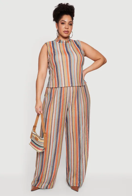 Plus Size High Waisted Wide Leg Striped Casual Pants sold by Rainbow