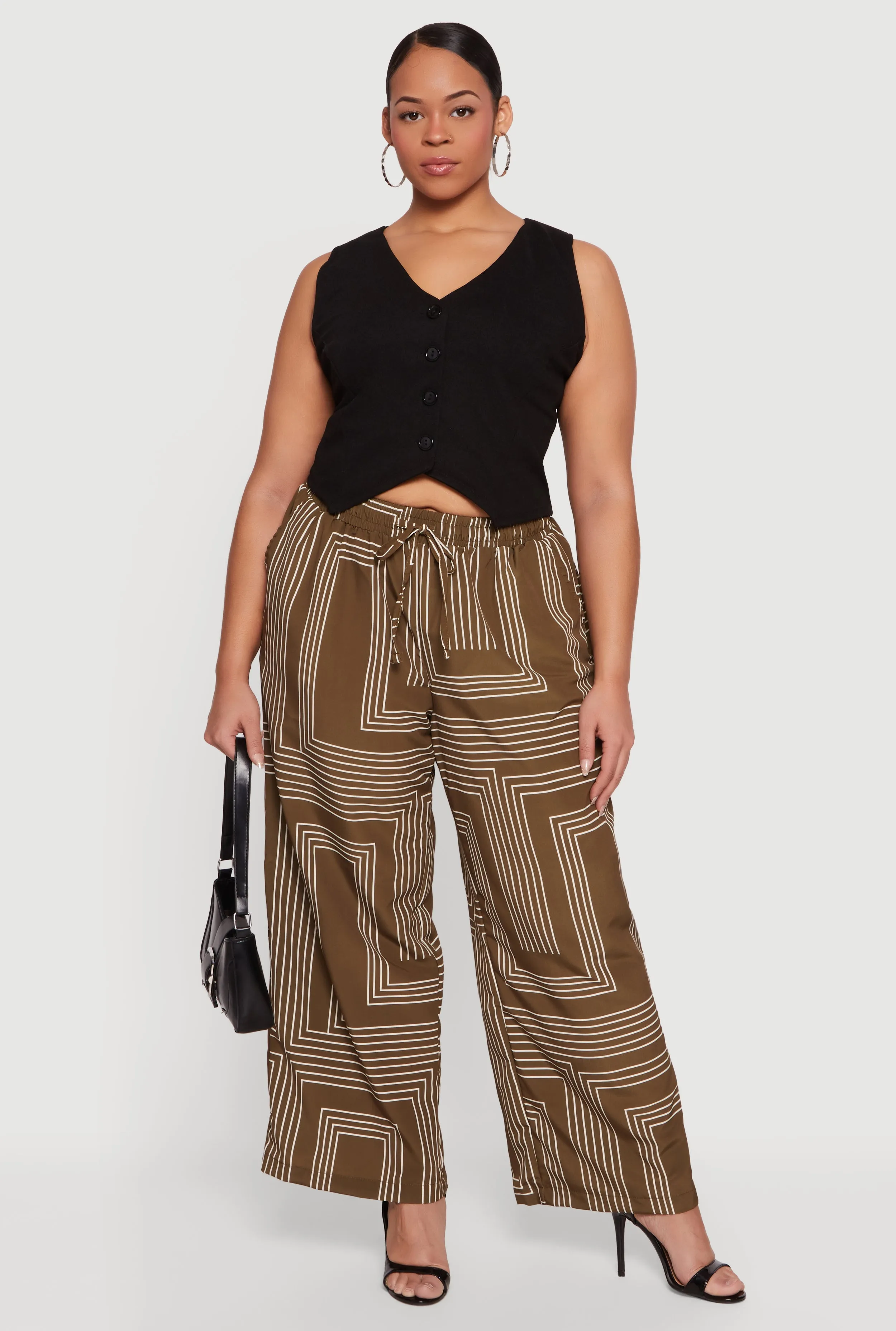 Plus Size High Waisted Geometric Print Crepe Knit Pants sold by Rainbow