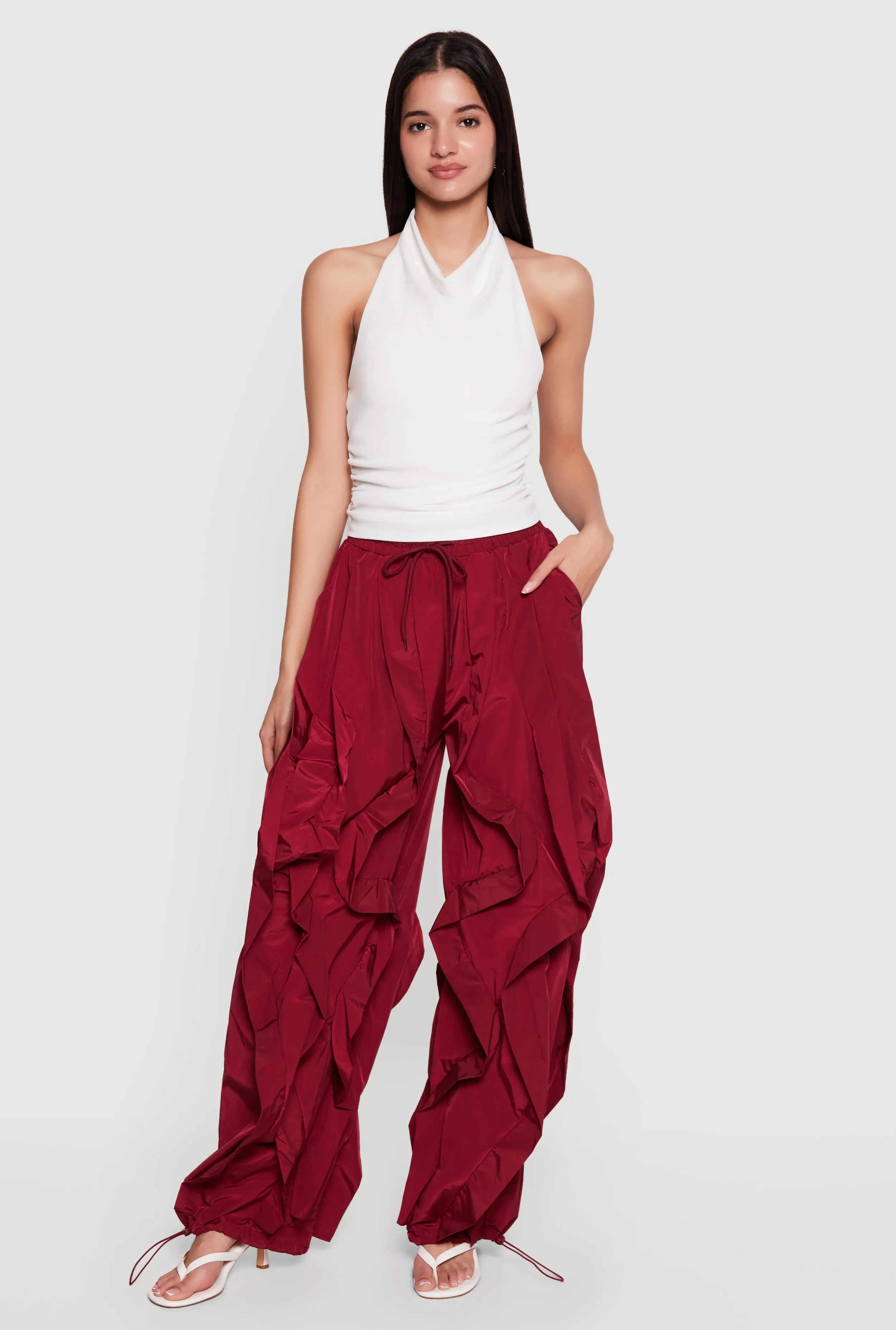 Drawstring Waist Ruffle Parachute Pants sold by Rainbow