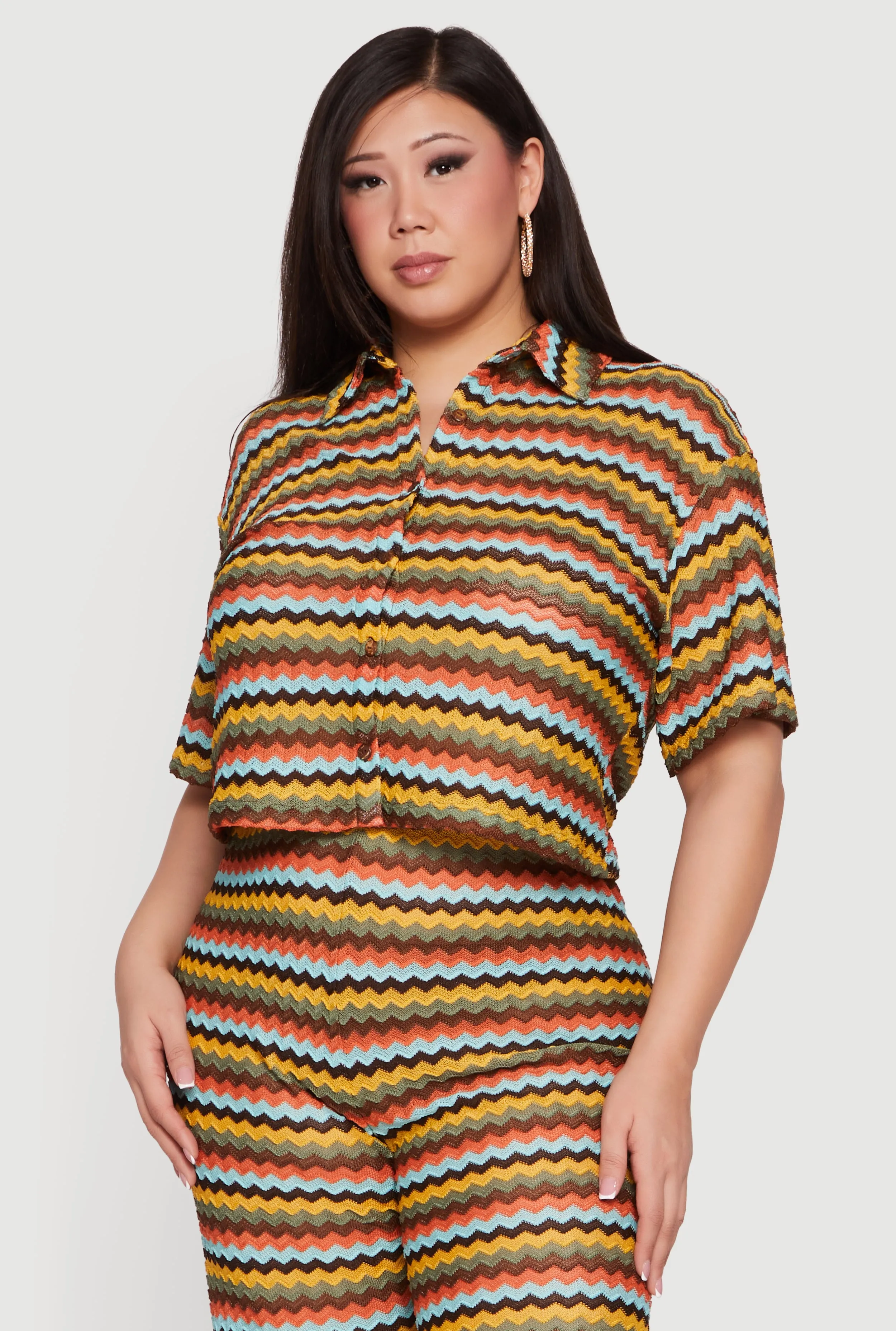 Plus Size Chevron Striped Button Front Short Sleeve Shirt sold by Rainbow