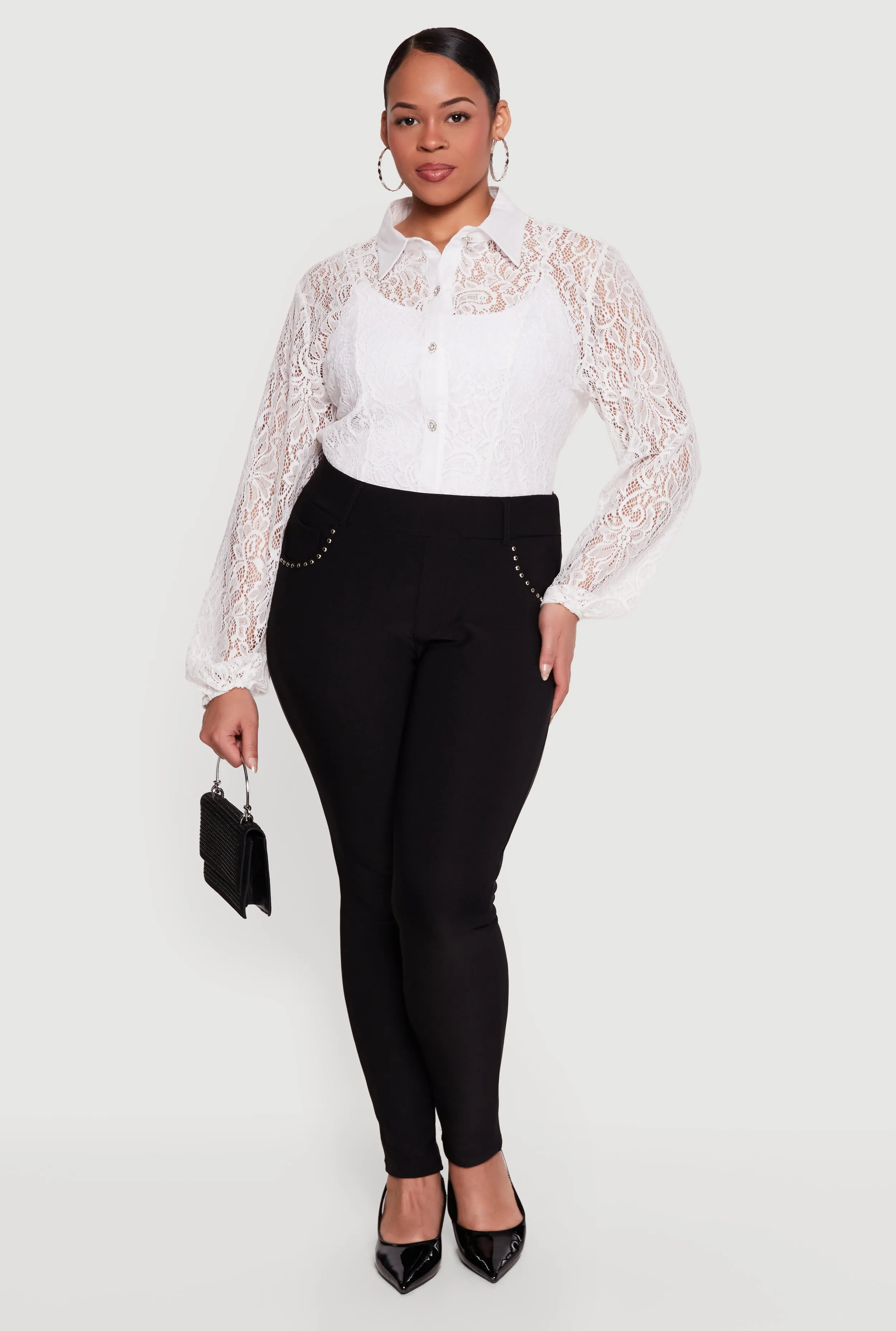 Plus Size Studded Detail High Waisted Dress Pants sold by Rainbow