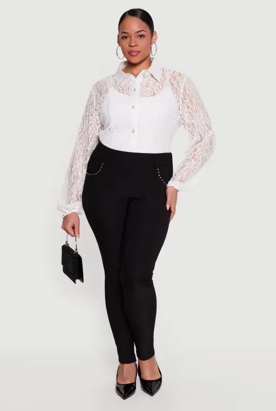 Plus Size Studded Detail High Waisted Dress Pants made by Rainbow