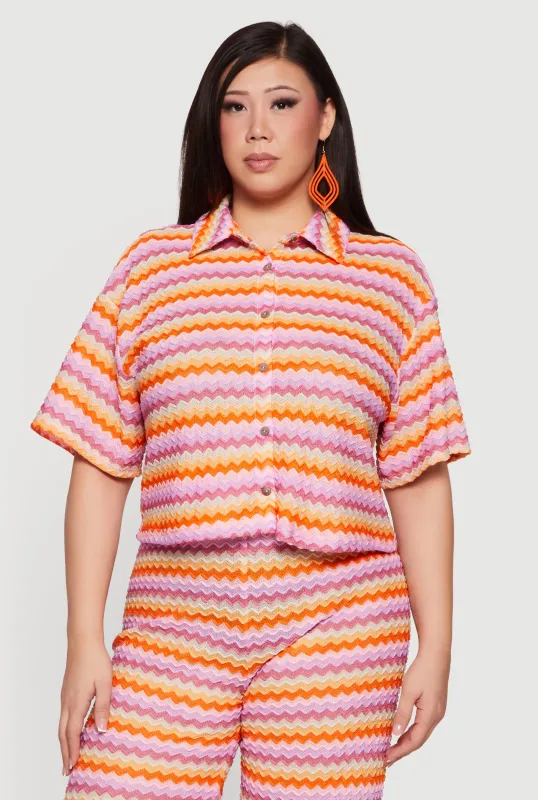 Plus Size Chevron Striped Button Front Short Sleeve Shirt made by Rainbow