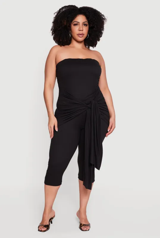 Plus Size Side Ruched Tie Front Sleeveless Jumpsuit made by Rainbow