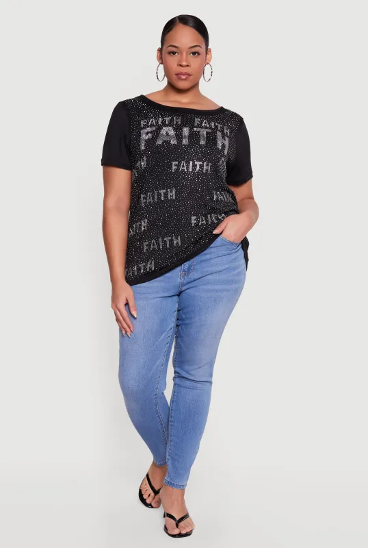 Plus Size Rhinestone Faith Graphic Tee made by Rainbow