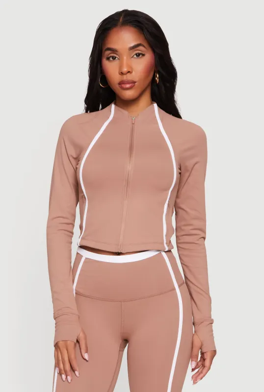 Contrast Trim Zip Front Mock Neck Track Jacket made by Rainbow