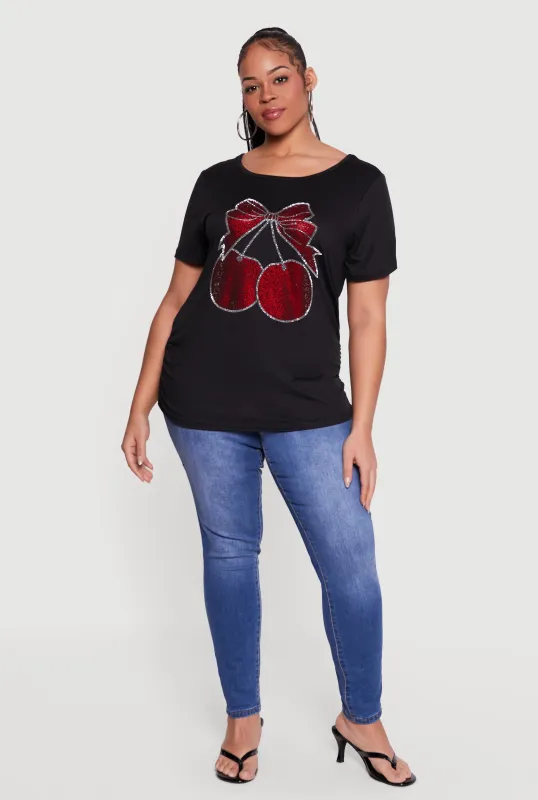 Plus Size Cherry Bow Rhinestone Graphic Top sold by Rainbow