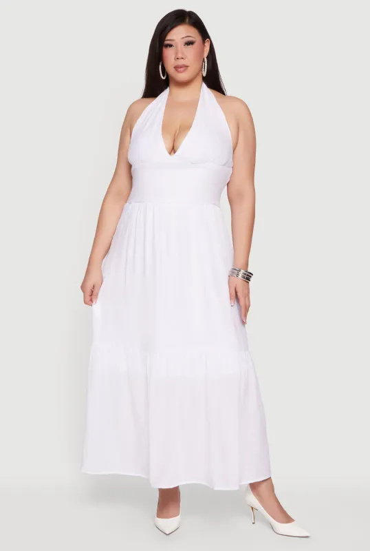 Plus Size Halter Neck Sleeveless Tiered Maxi Dress sold by Rainbow
