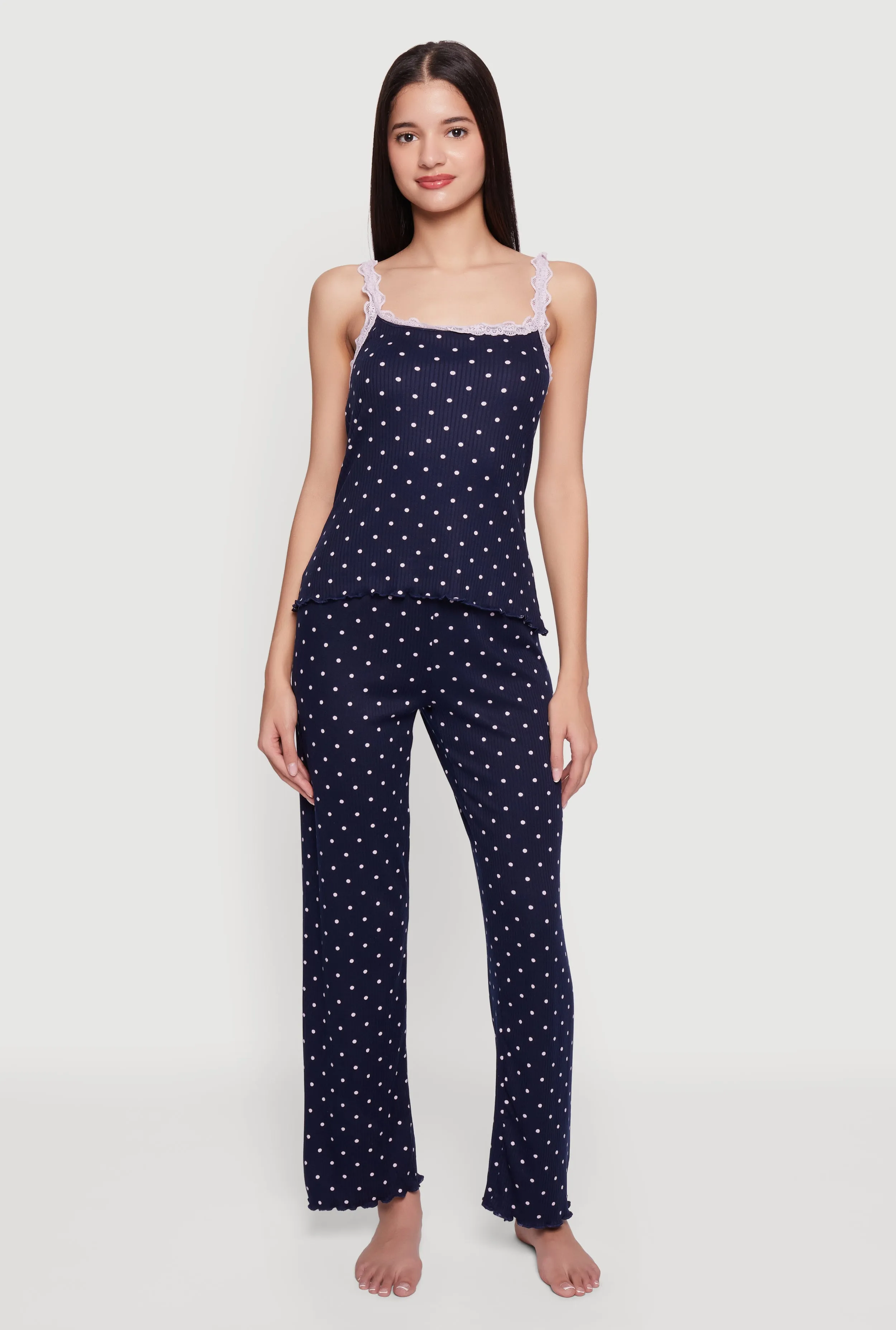 Lace Trim Polka Dot Ribbed Knit Pajama Cami and Pants sold by Rainbow