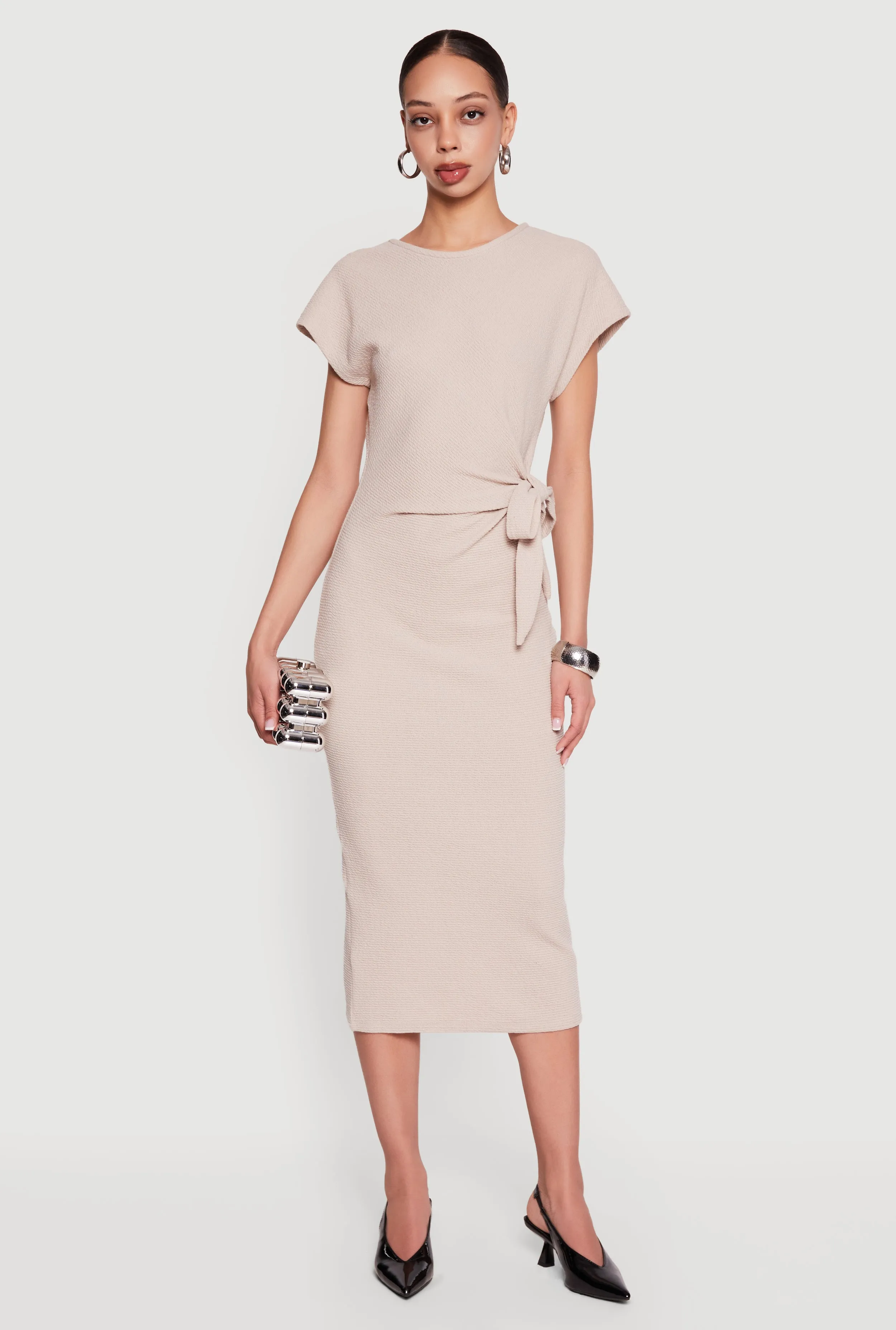 Textured Knit Asymmetrical Bow Side Midi Dress sold by Rainbow