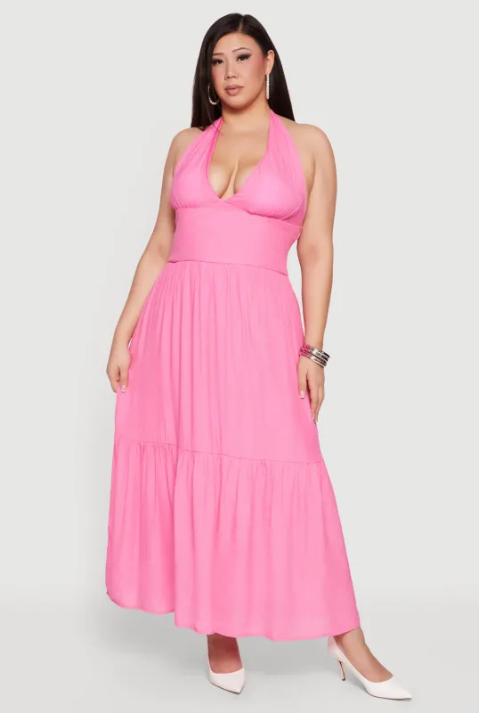 Plus Size Halter Neck Sleeveless Tiered Maxi Dress sold by Rainbow