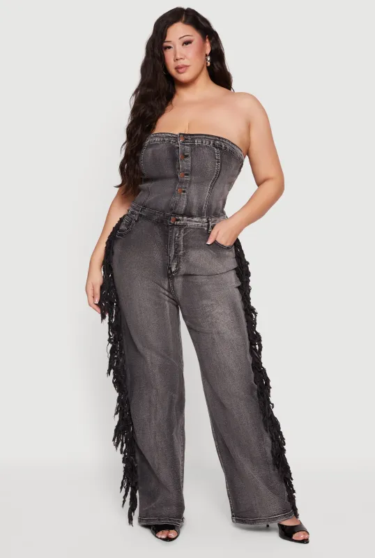 Plus Size Side Fringe Strapless Denim Jumpsuit made by Daisy