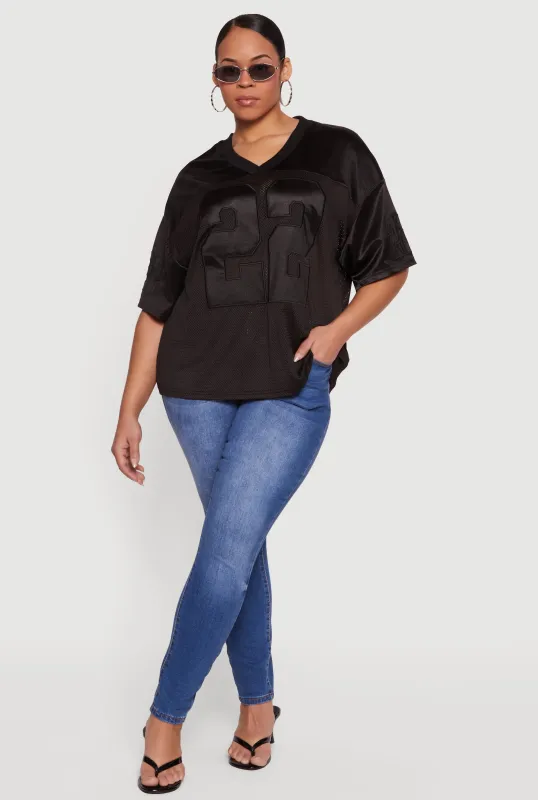 Plus Size Satin Detail Graphic Mesh Jersey sold by Rainbow