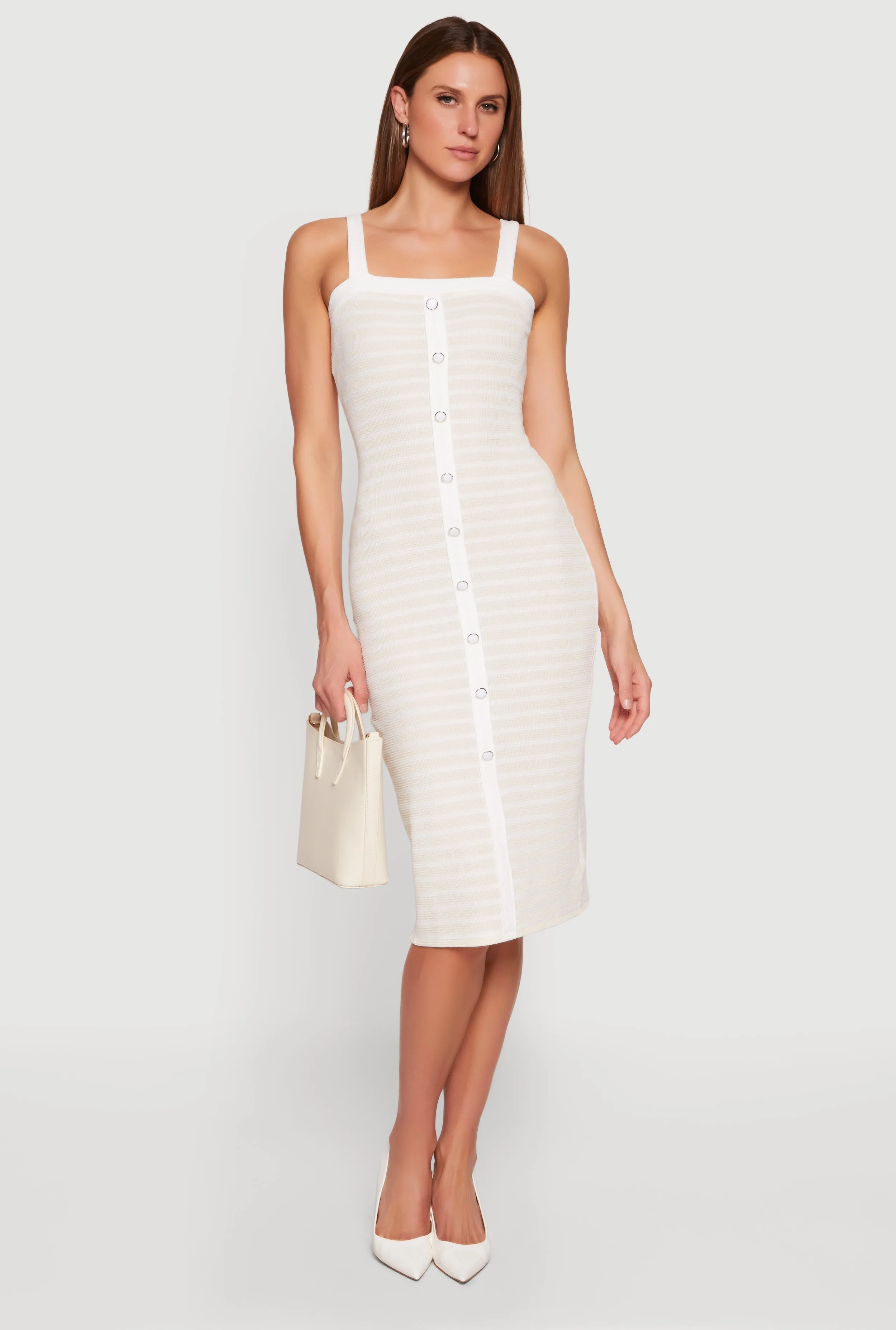 Square Neck Faux Button Striped Midi Dress sold by Rainbow