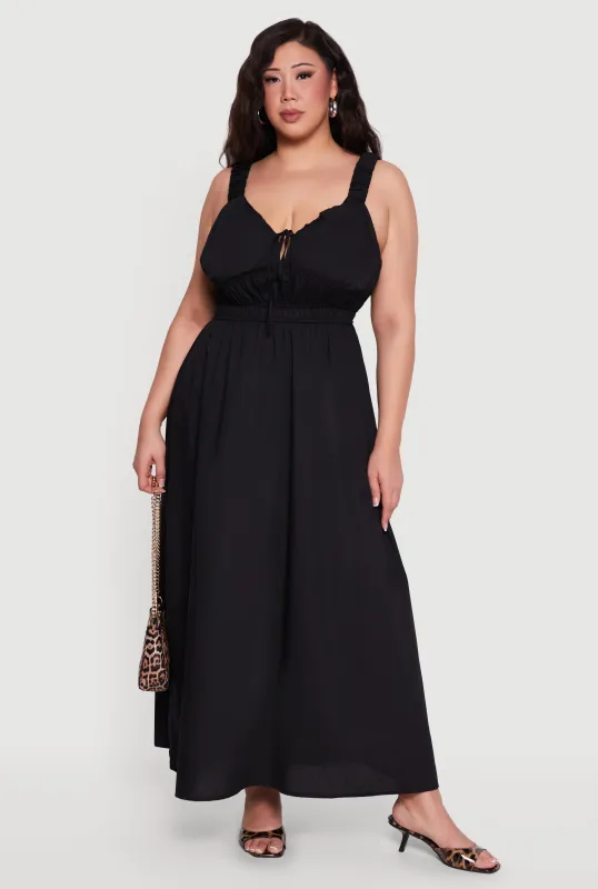 Plus Size Poplin Tie Front Sleeveless Empire Waist Dress made by Rainbow