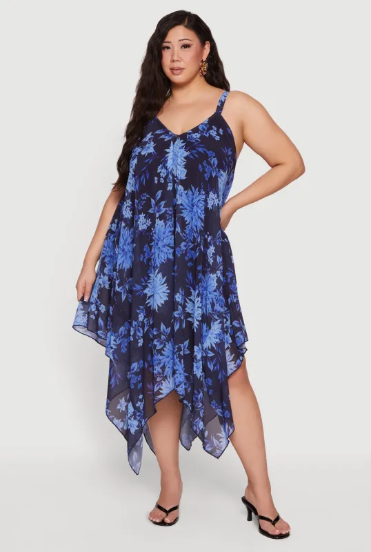 Plus Size Floral Print Sharkbite Hem Chiffon Dress made by Rainbow