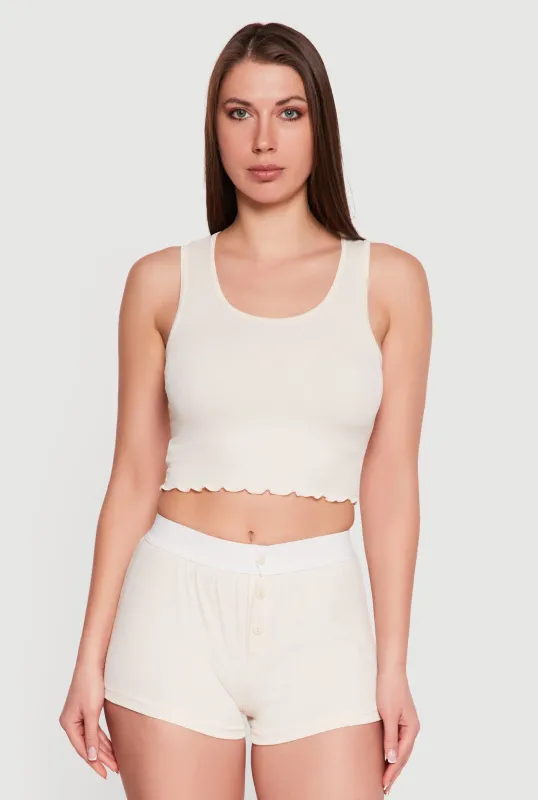 Rib Knit Cropped Lettuce Edge Pajama Top and Shorts sold by Rainbow